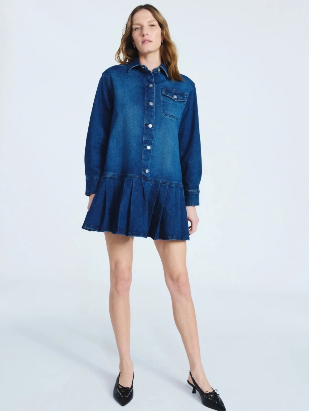 Scoop Women’s Denim Pleated Mini Shirt Dress Long Sleeve - Picture 2 of 5